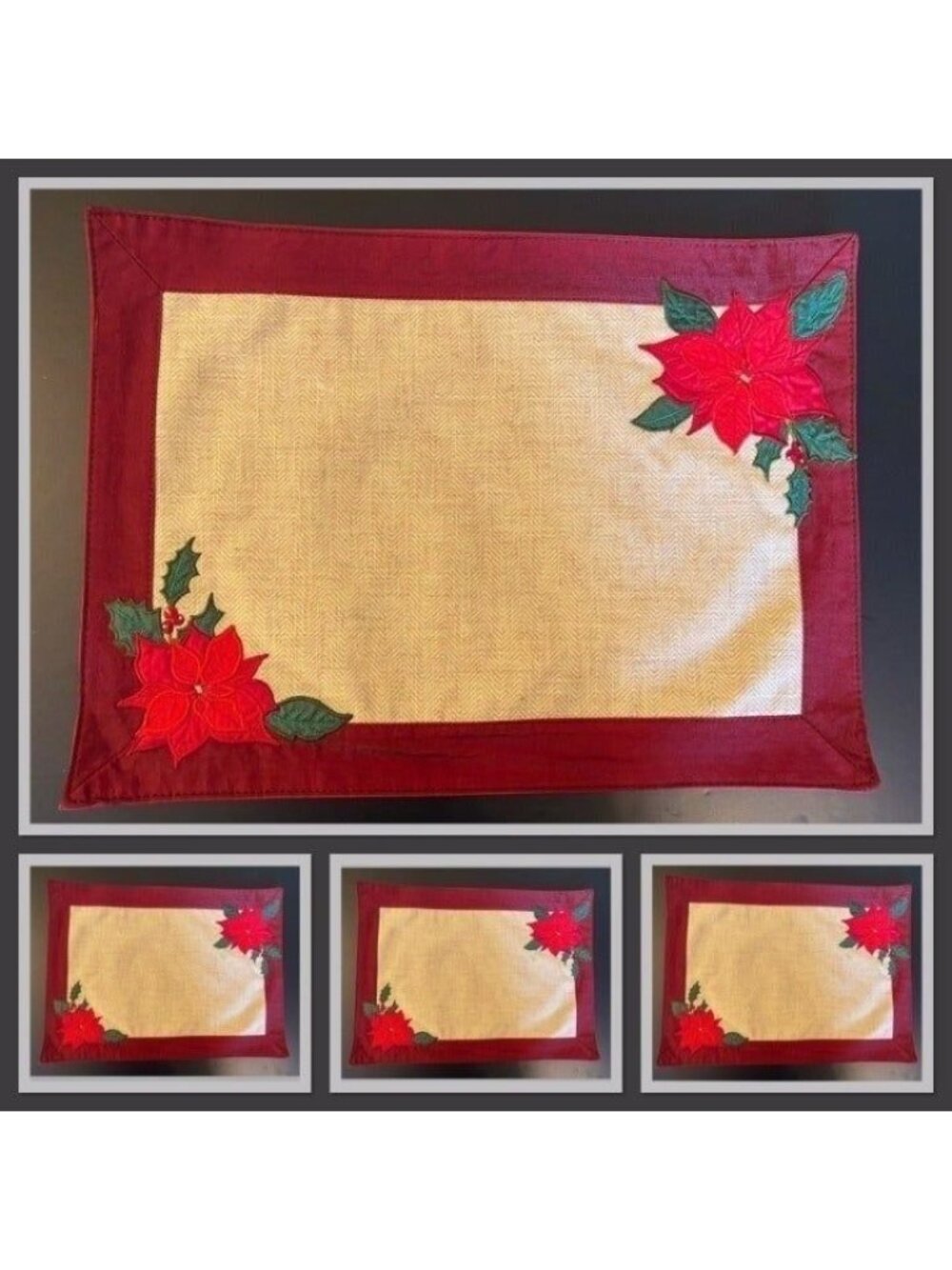 Christmas Holly Cloth Placemats Set Of 4 Red & Beige Festive Holly Table Décor
